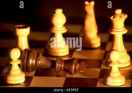 Chess Pieces on a board with the resignation of the King Stock Photo