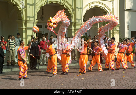 Professional dancers doing a Dragon Dance for the Chinese New Year celebration. Stock Photo