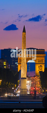 Paris view of Obelisk Champs Elysees and Arc de Triomphe from Tuileries Gardens Stock Photo