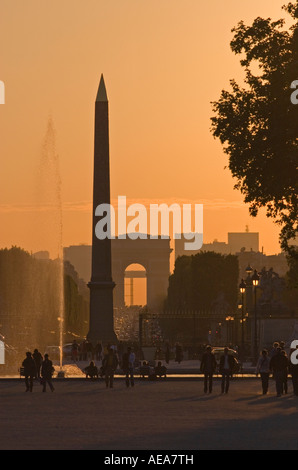 Paris view of Obelisk Champs Elysees and Arc de Triomphe from Tuileries Gardens Stock Photo