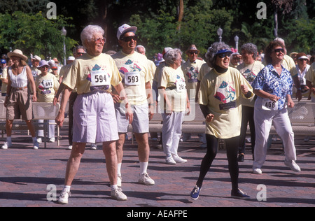 Group of seniors doing workout exercises in San Diego. Stock Photo