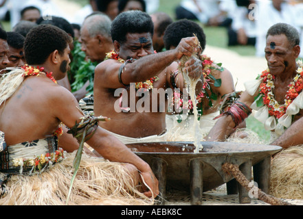 Preparing traditional Kava drink at ceremony Fiji South Pacific Stock Photo