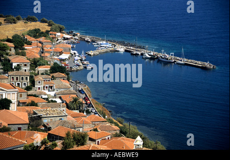 View of Molyvos harbour from Ottoman Fort Lesvos Greece Stock Photo