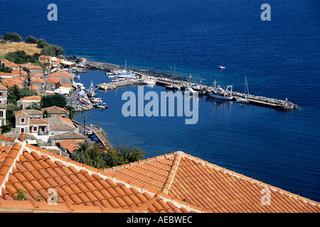 View of Molyvos harbour from old fort Stock Photo