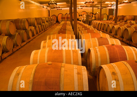 wine tasting in the barrel aging room Gainey Crush Party Gainey Vineyard Santa Ynez Valley near Santa Barbara California Stock Photo