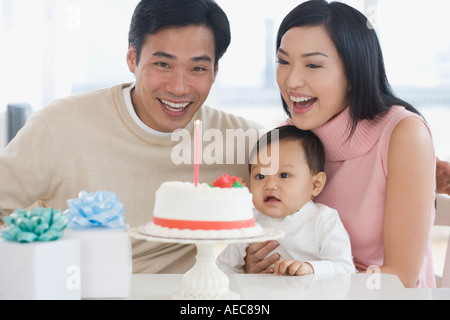 Asian family celebrating baby's first birthday Stock Photo
