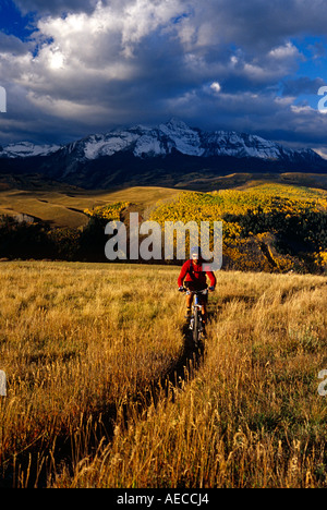 man mountain biking with Wilson Peak in the backround near Telluride, Colorado Stock Photo