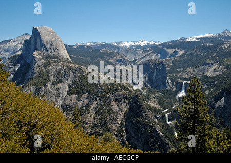 Half Dome along with Nevada and Vernal Falls as Seen From Glacier Point in Yosemite National Park Stock Photo