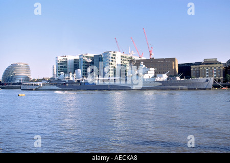 The HMS Belfast moored on the Thames River south bank in London. Stock Photo