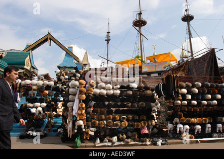 Fur hats on sale at Izmailovsky Market, Moscow. Russia Stock Photo