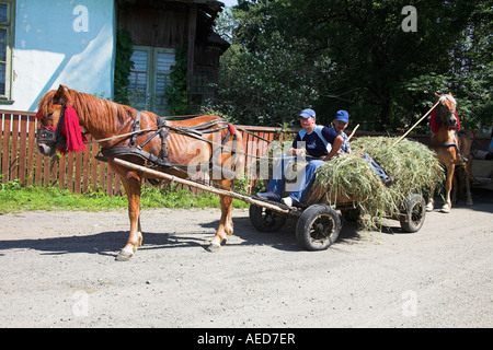 Farmers travelling on horse drawn cart, Moldovita, Bucovina, Moldavia, Romania Stock Photo