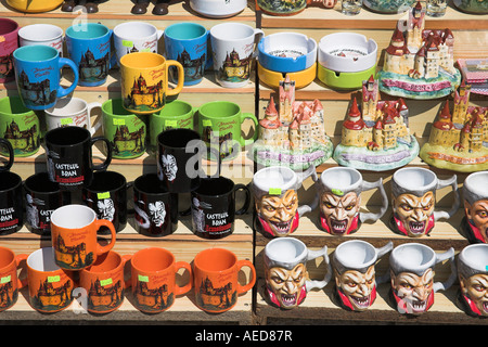 Colourful pottery coffee mugs for sale outside gift shop, Bran Castle, Bran, near Brasov, Transylvania, Romania Stock Photo