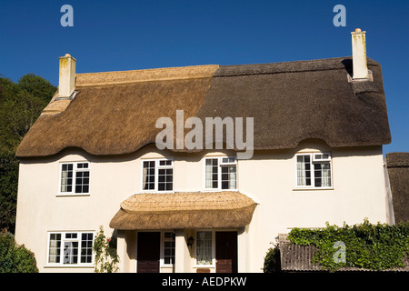 UK Devon Inner Hope thatched semi detached cottages one with new roof Stock Photo