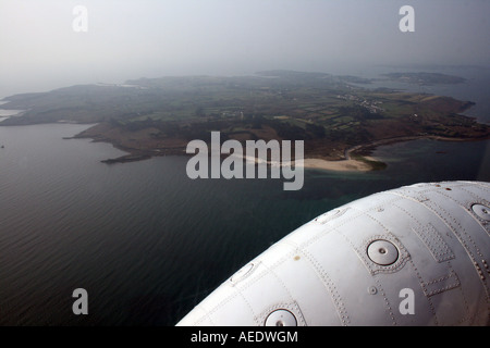 View from helicopter of the Island of Tresco Scilly Isles Stock Photo