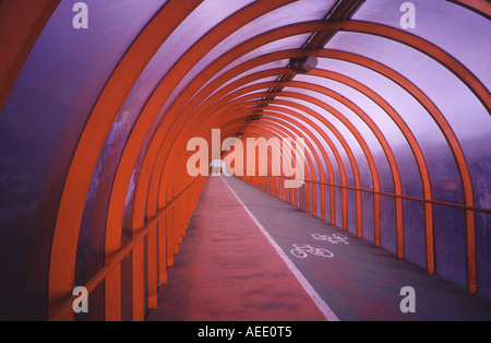 Covered walkway over the Clydeside Expressway, Glasgow, Scotland, UK. Stock Photo