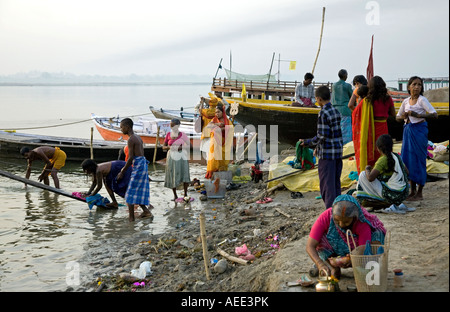 Ritual morning bath. Assi Ghat. Ganges river. Varanasi. India Stock Photo