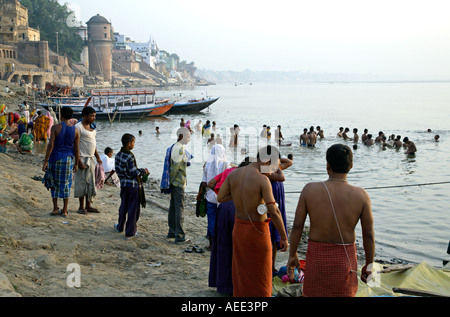 Ritual morning bath. Assi Ghat. Ganges river. Varanasi. India Stock Photo