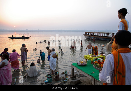 Ritual morning bath. Assi Ghat. Ganges river. Varanasi. India Stock Photo