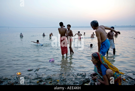 Ritual morning bath. Assi Ghat. Ganges river. Varanasi. India Stock Photo