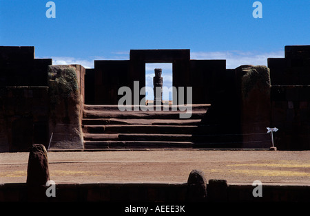 Kalassasaya Temple entrance and Ponce Monolith. Tiahuanaco ruins , Bolivia Stock Photo