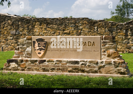 Entrance sign at Mission Espada Stock Photo