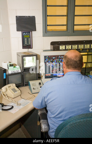 Corrections Officer Monitors Cctv Monitors In Control Center. Maximum ...