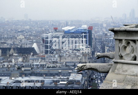 A view of the Pompidou Center in Paris from the top of Notre Dame Cathedral prior to the devastating April 15, 2019 fire. Stock Photo