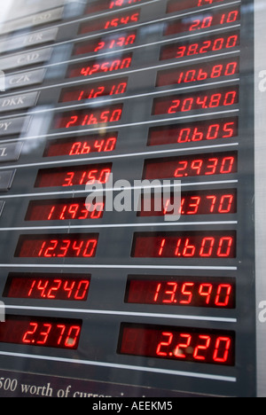Display showing currency exchange rates in a Bureau de Change Stock Photo