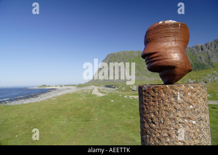 The statue Hodet (The Head) by Marcus Raetz, Eggum, Lofoten, Norway. Stock Photo