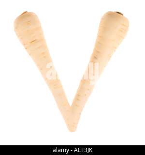 The letter V on a pure white background using parsnips. Stock Photo