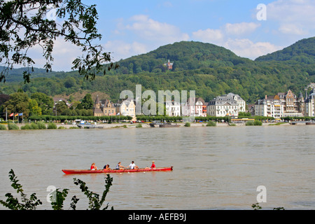 A four man rowing boat on the River Rhine near Bonn Bad Godesberg view towards Koenigswinter  North Rhine Westphalia Germany Stock Photo