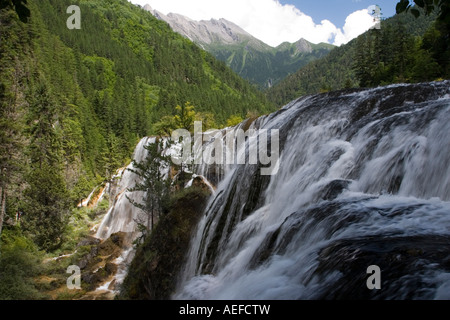 One of many majestic waterfalls at Jiuzhaigou Nature Reserve in Sichuan, China. Stock Photo