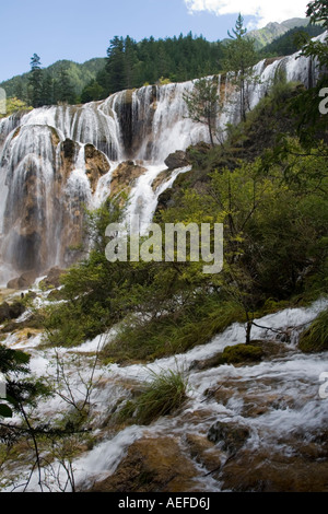 One of many majestic waterfalls at Jiuzhaigou Nature Reserve in Sichuan, China. Stock Photo