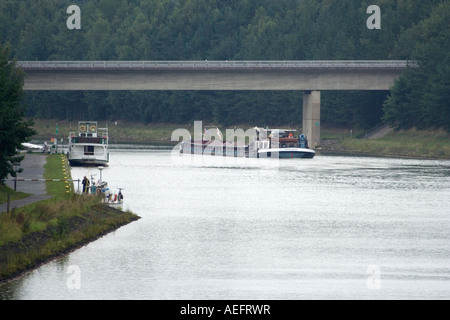 pier on the Elbe lateral Canal near Uelzen with boat Stock Photo