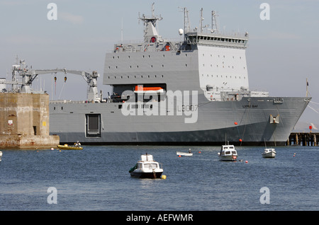 RFA Supply Vessel Lyme Bay moored near to the Mulberry Harbour in Portland Port, Dorset Stock Photo