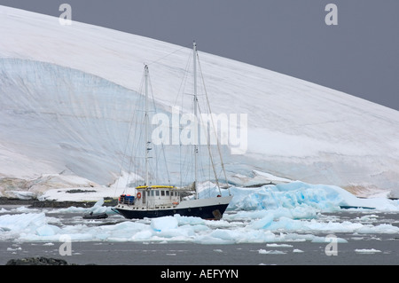 steel hole sailboat Golden Fleece in glacial waters along the western Antarctic peninsula Antarctica Southern Ocean Stock Photo