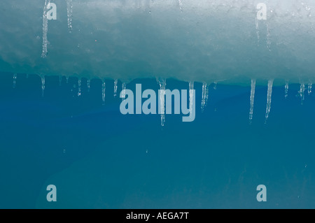 water dripping from icicles hanging along an iceberg western Antarctic peninsula Antarctica Southern Ocean Stock Photo