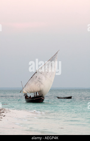 Tanzania Zanzibar Kendwa Rocks dhow with sail up close to the beach Stock Photo