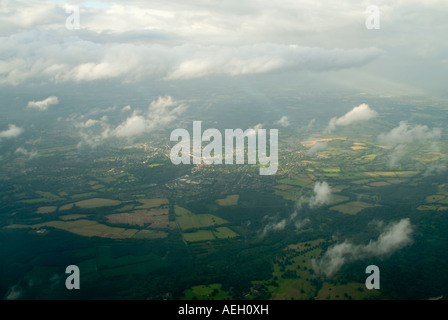 Horizontal aerial wide angle of the patchwork British countryside from high altitude in an aeroplane Stock Photo