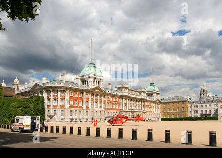 Horizontal wide angle of London's Air Ambulance and police van attending an incident in central London. Stock Photo