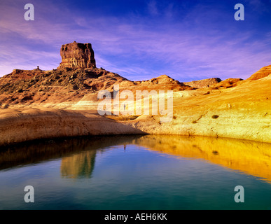 Reflection of rock formations in pool on banks of Lake Powell Utah Stock Photo