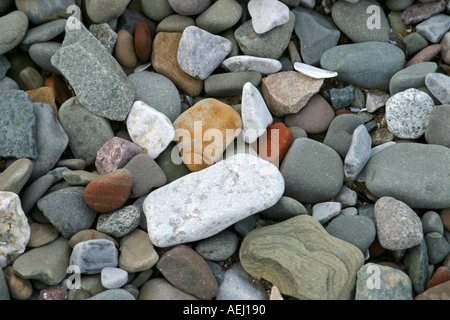 A collection of different shaped and colored pebbles on the side of a river Stock Photo