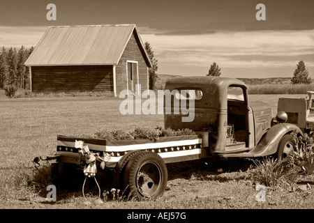 Old truck with flowers and barn Near flora Oregon Stock Photo