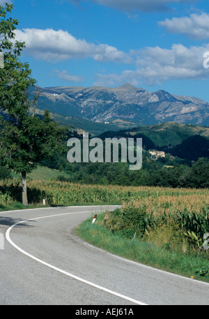 curving road through the beautiful Le  Marche countryside in Italy Stock Photo