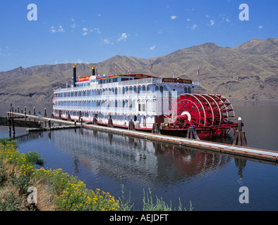 A paddlewheel steamboat the Queen Of The West tied up at the dock on the Columbia River near Clarkston Idaho Stock Photo