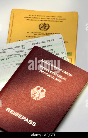 Passport, boarding pass, vaccination record card Stock Photo