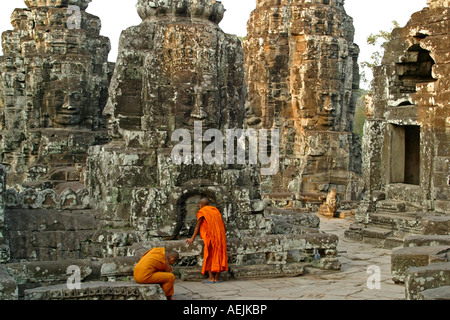 Monks inside the Temple Bayon - Angkor Thom Siem Reap Cambodia Stock Photo