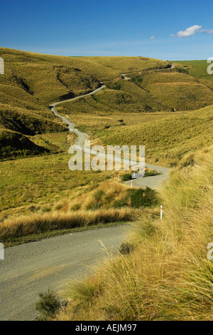Road Through Tussocks near Lake Mahinerangi Otago South Island New Zealand Stock Photo