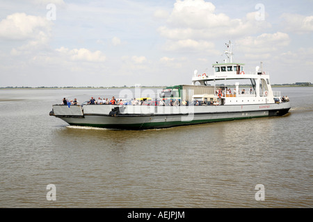 Ferry boat crossing the Elbe, Glueckstadt-Wischhafen, Schleswig-Holstein, Germany Stock Photo