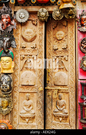 Historic wooden door in the old town of Kathmandu, Nepal Stock Photo